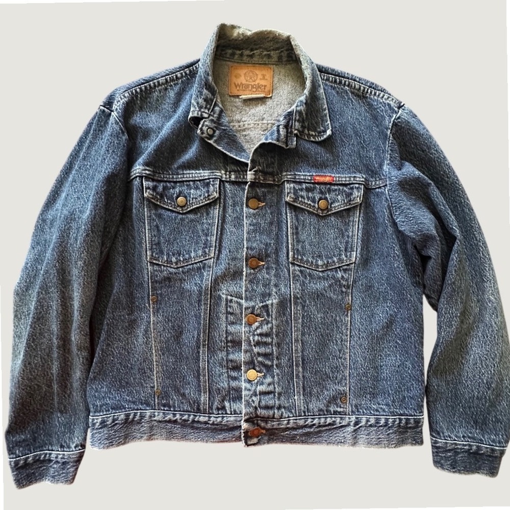 VTG 90s Wrangler Authentic Jean RARE Denim Trucker Jacket Blue 15oz Cotton Large